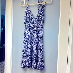 Nieves Lavi royal blue floral pattern short silk halter dress size L